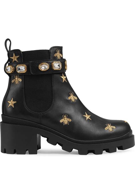 embroidered leather ankle boot with belt gucci fake